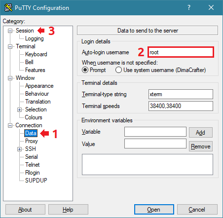 Указываем пользователя по-умолчанию
