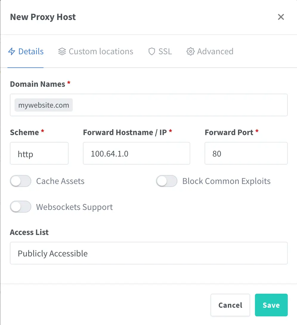 Окно Add Proxy Host, вкладка details